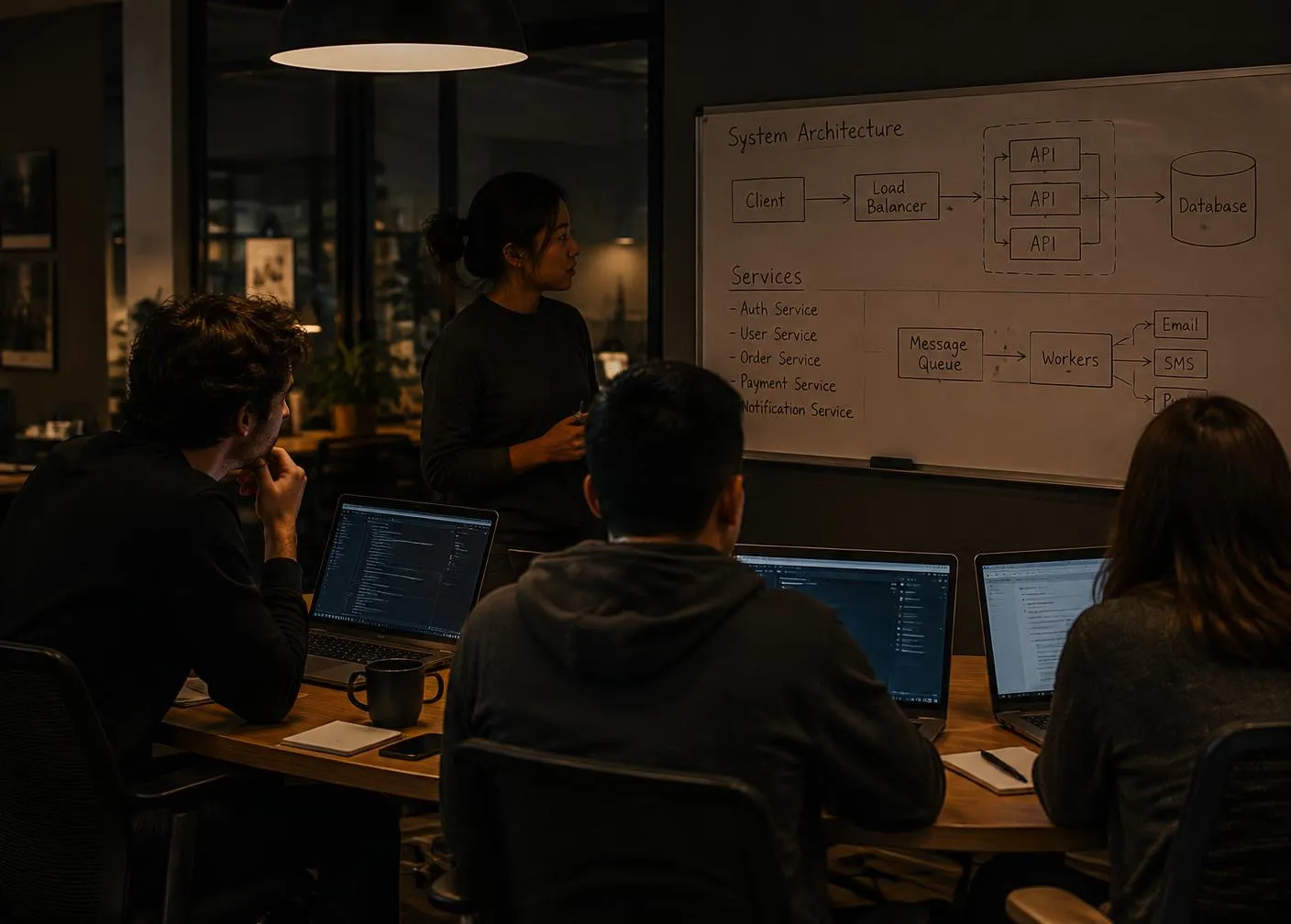 Engineers discussing a system architecture diagram on a whiteboard