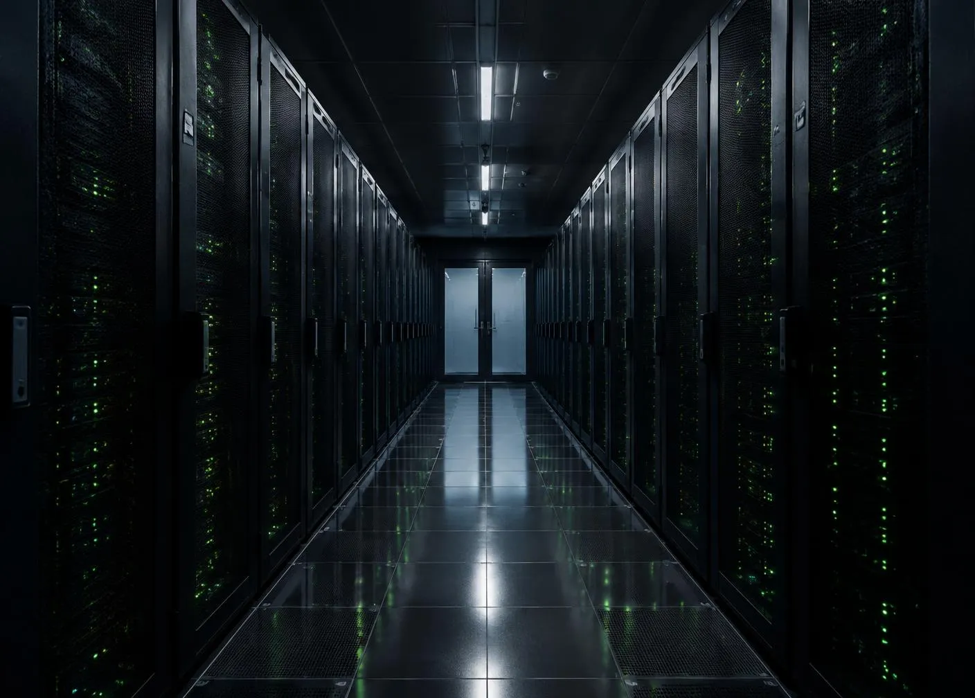 Corridor of server racks with green status lights in a data center